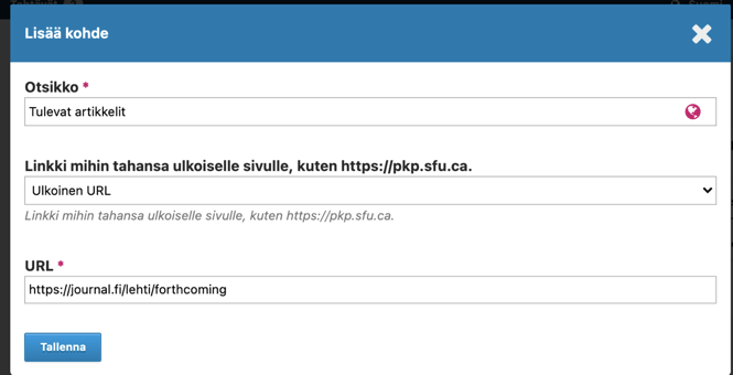 Kohde navigaatiovalikkoon Kohteen lisääminen