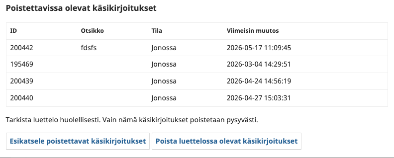Keskeneräisten käsikirjoitusten poisto Keskeneräisten käsikirjoitusten poisto