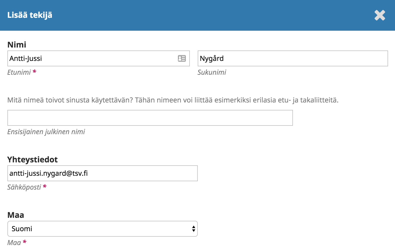 Tekijän tietojen muokkaus