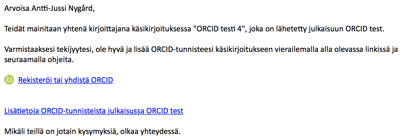 Tekijälle lähtevä sähköposti