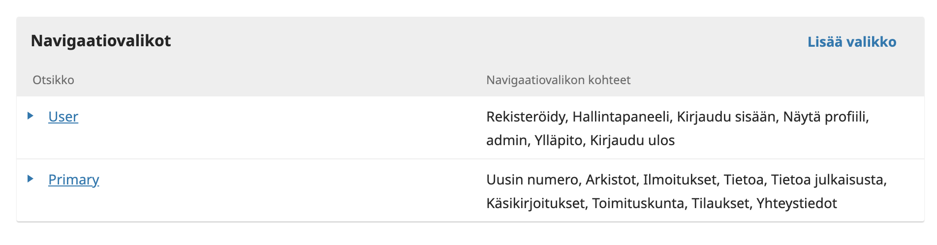 Navigaatiovalikon muokkaus Navigaatiovalikon muokkaus